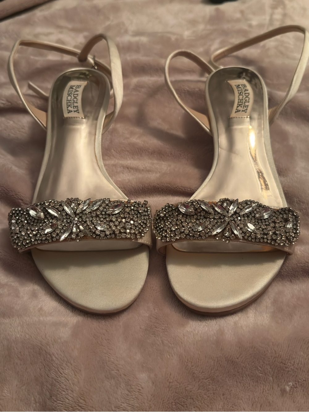 Badgley Mischka “Hatch” Ivory Crystal-Embellished Open-Toe Evening Heels